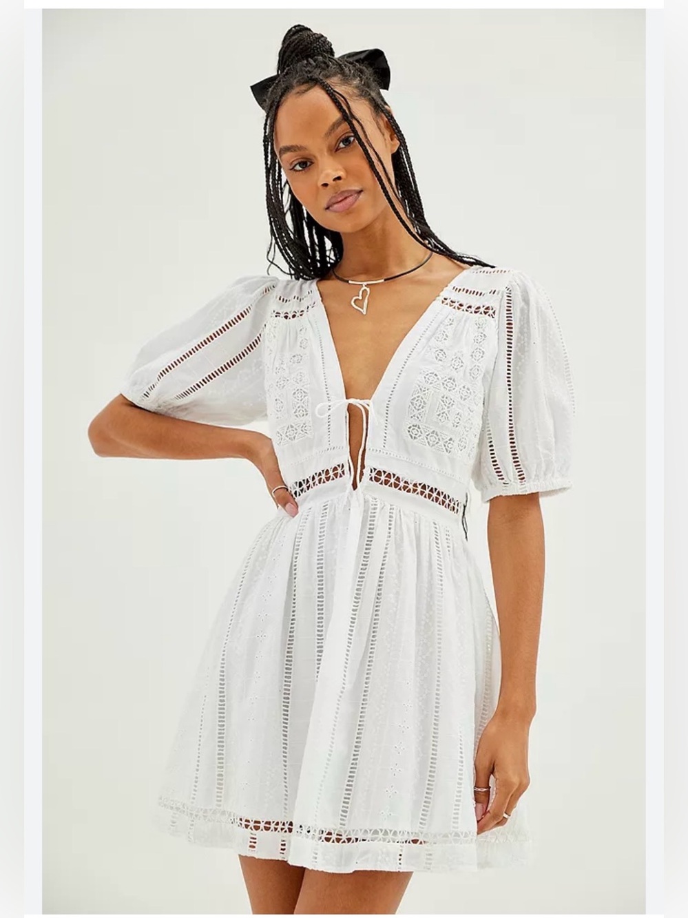 Urban Outfitters Marlee Puff Sleeve Eyelet White Mini Dress M
